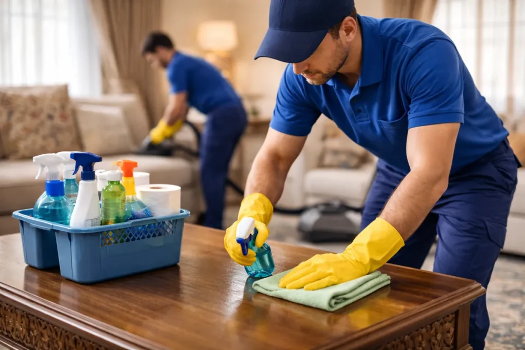 فريق تنظيف محترف يعمل داخل منزل في الجهراء